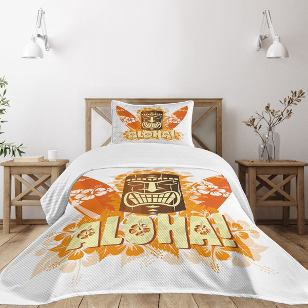 Ambesonne Tiki Bar Bedspread Set Hibiscus Flora Orange Brown Pale